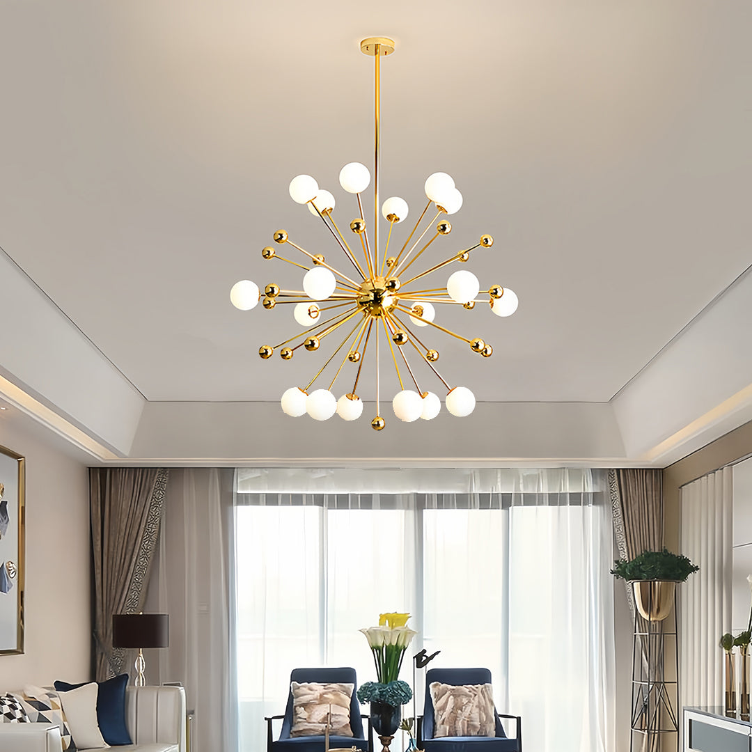 Modern gold sputnik chandelier illuminating a luxurious dining room
