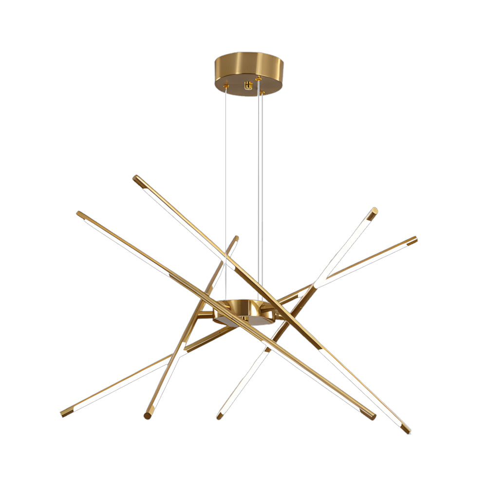 Modern gold Sputnik chandelier with extended linear light arms and a refined starburst structure displayed on a white background.