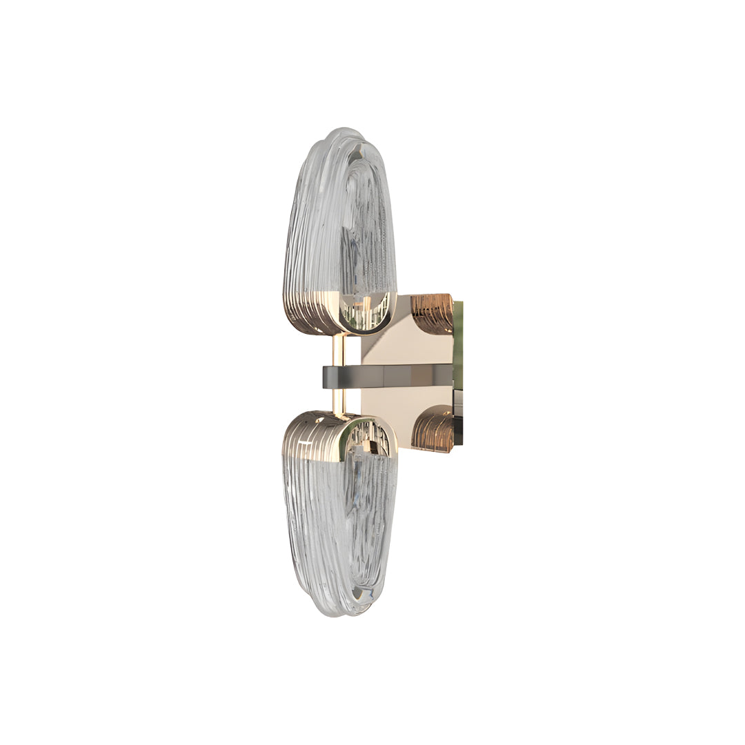 Modern gold wall light featuring elongated crystal glass shade with elegant brass hardware and wall mount