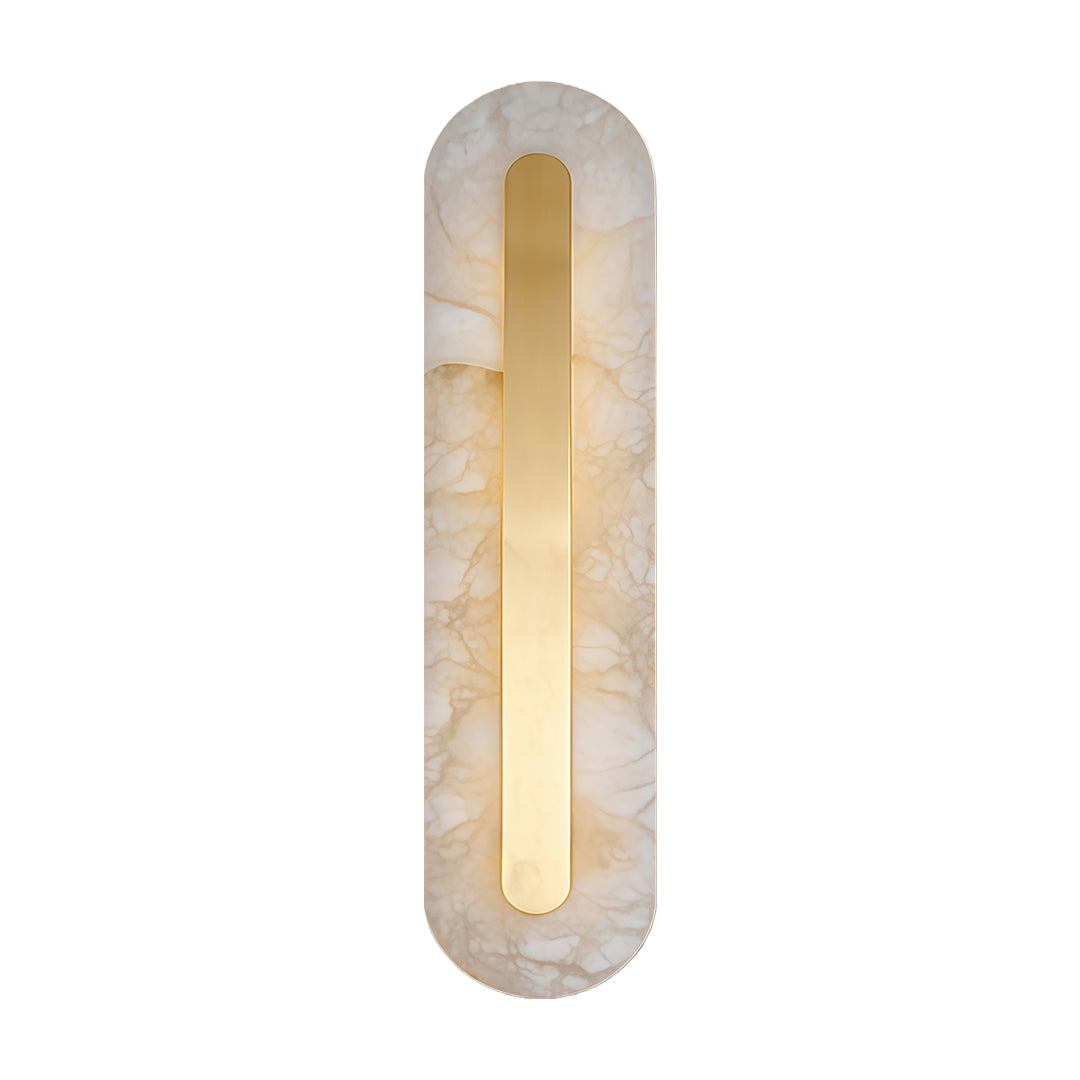 Modern gold wall light featuring glass shade chandelier aesthetic in elongated oval form with warm LED illumination through frosted glass.