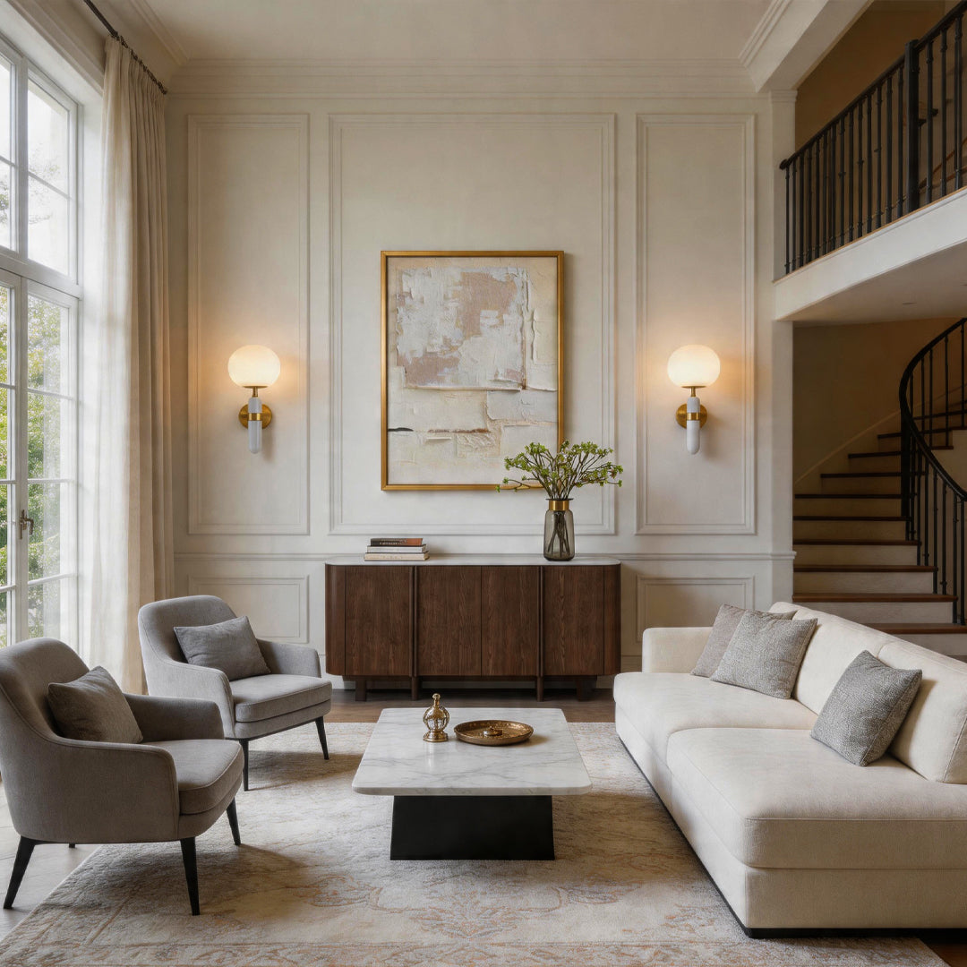 Modern gold wall sconce lighting glowing in a sophisticated living room with classic panels.