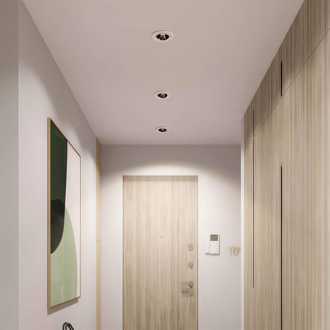 Clean modern hallway with wood-paneled closets and a line of square recessed downlight fixtures.