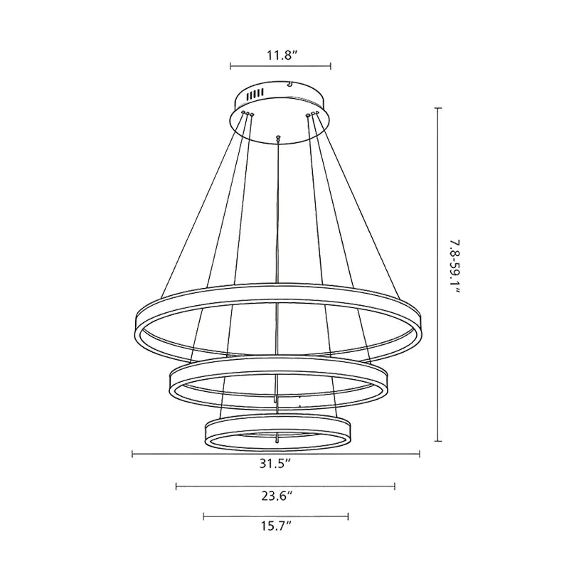 Modern halo chandelier dimension drawing showing the ceiling canopy, hanging height, and multiple LED ring diameters.