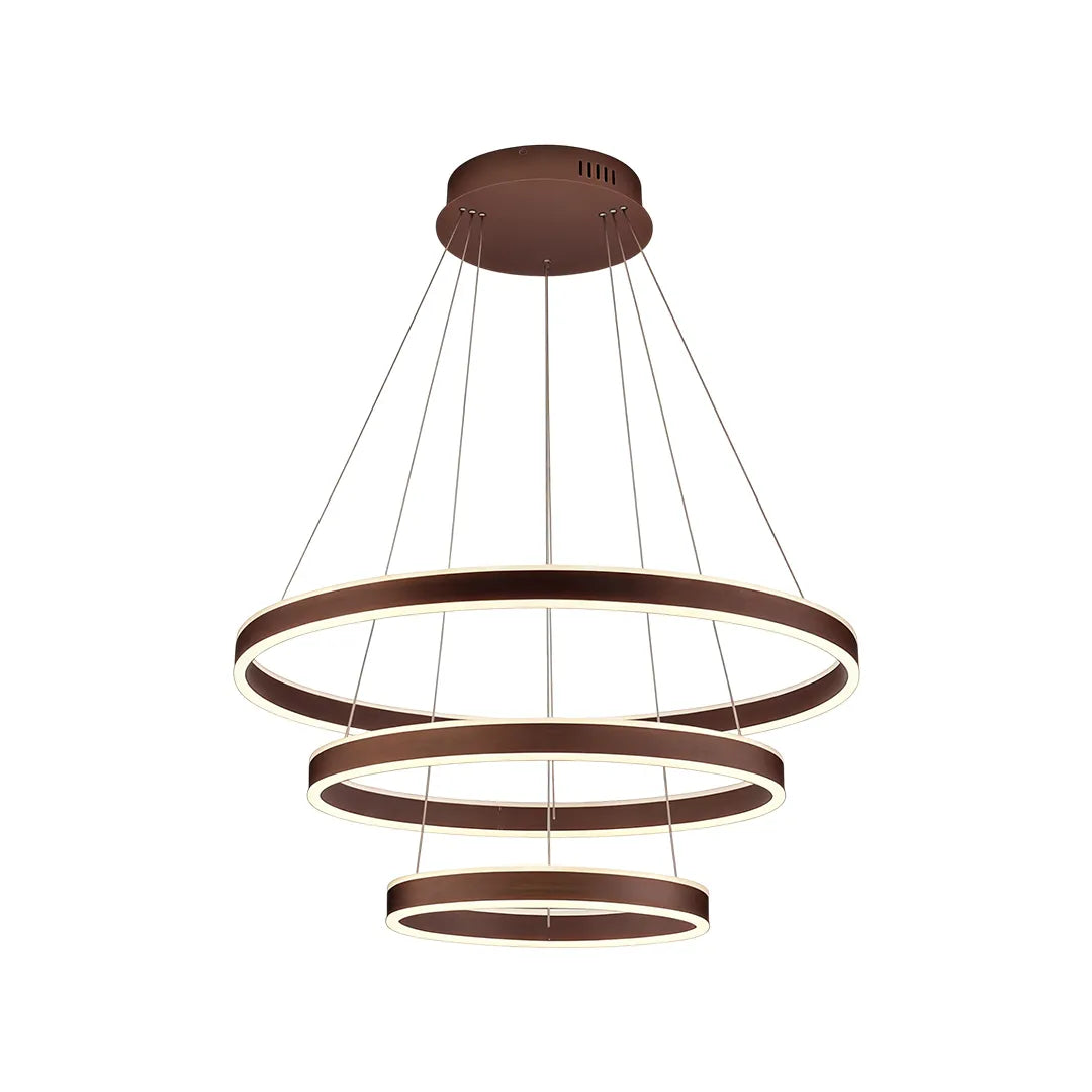 Modern halo chandelier with stacked circular LED rings shown in a clean isolated product view.