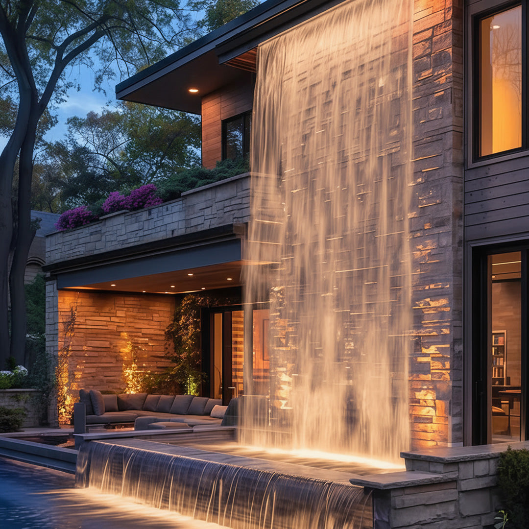 A linear wall washer light illuminates a modern home exterior and an elegant water curtain.