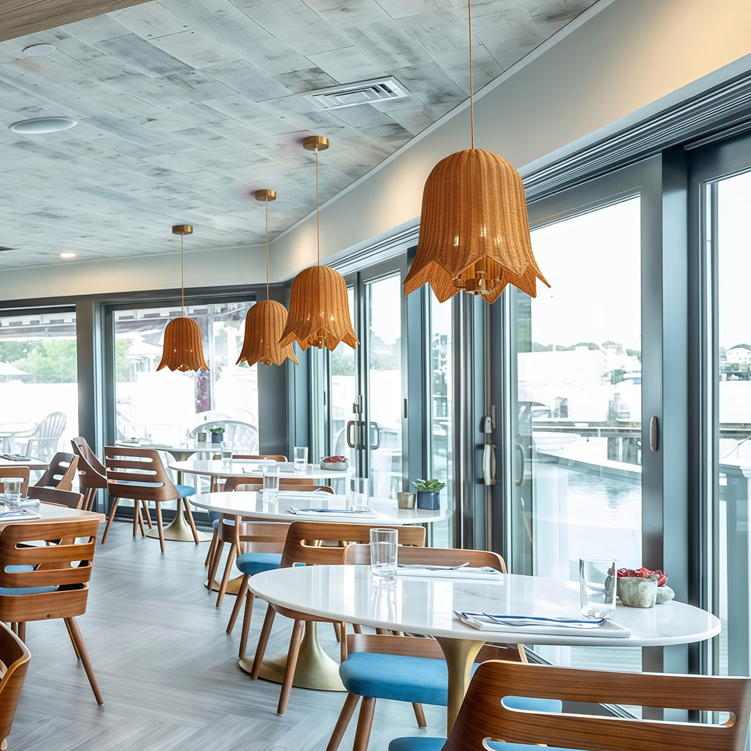 Rattan pendant light in a modern home, providing natural illumination and a stylish, organic touch to the decor.