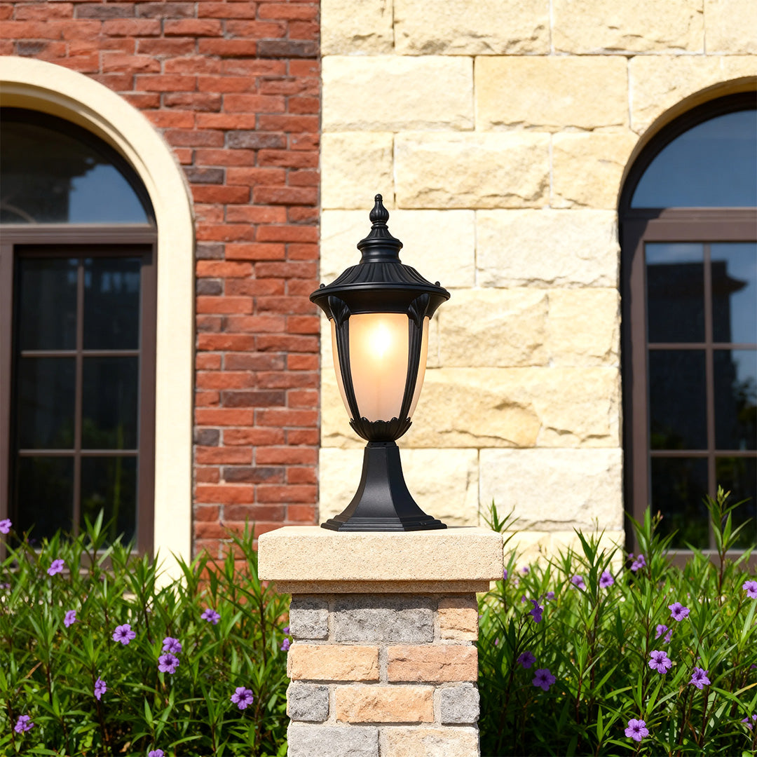 Exterior pillar light beside a modern house, elegant and functional outdoor lighting
