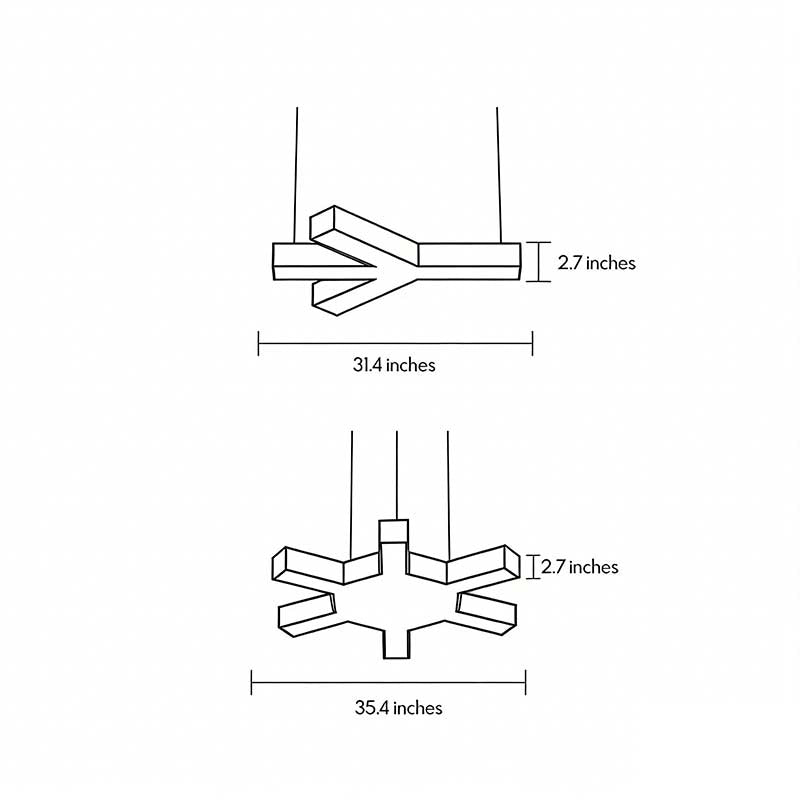 Technical dimension drawing of a modern industrial chandelier, illustrating size, proportions, and installation measurements.