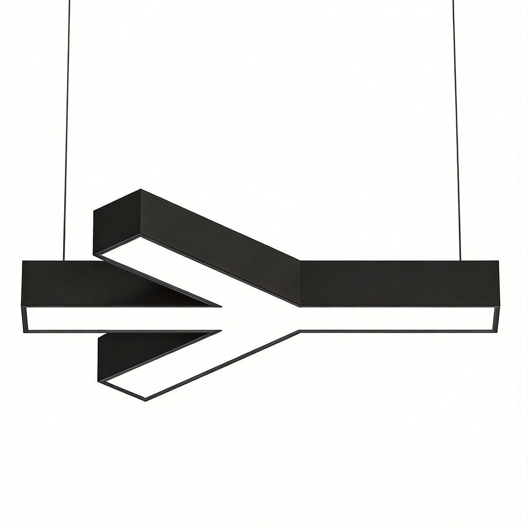 Modern industrial chandelier product display with asymmetrical LED arms, emphasizing clean geometry and suspended industrial design.