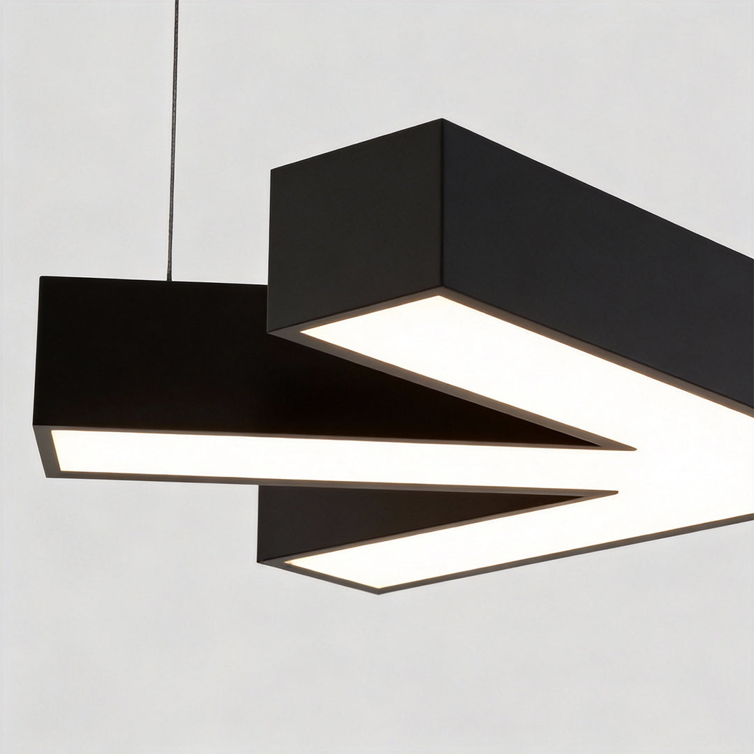 Product view of a modern industrial chandelier with stacked rectangular LED forms, highlighting its minimalist and industrial aesthetic.