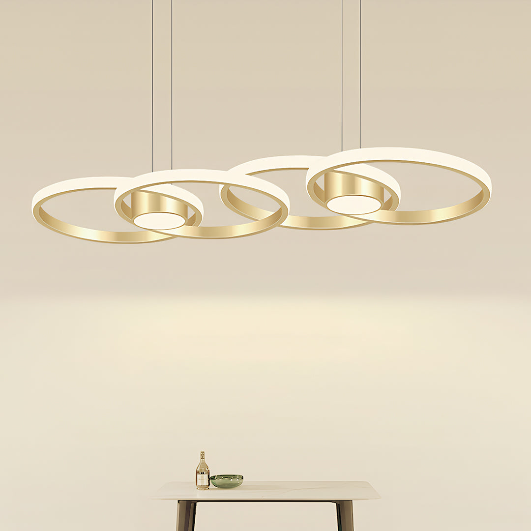 Minimalist gold chandelier lamp with three rings, elegant ceiling light for modern interiors