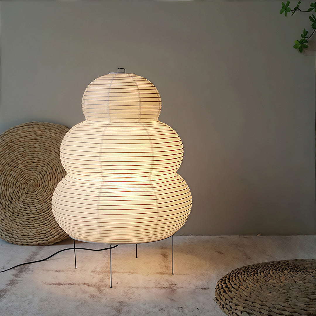 Stacked rice paper table lamp in a modern interior, stylish and unique lighting fixture