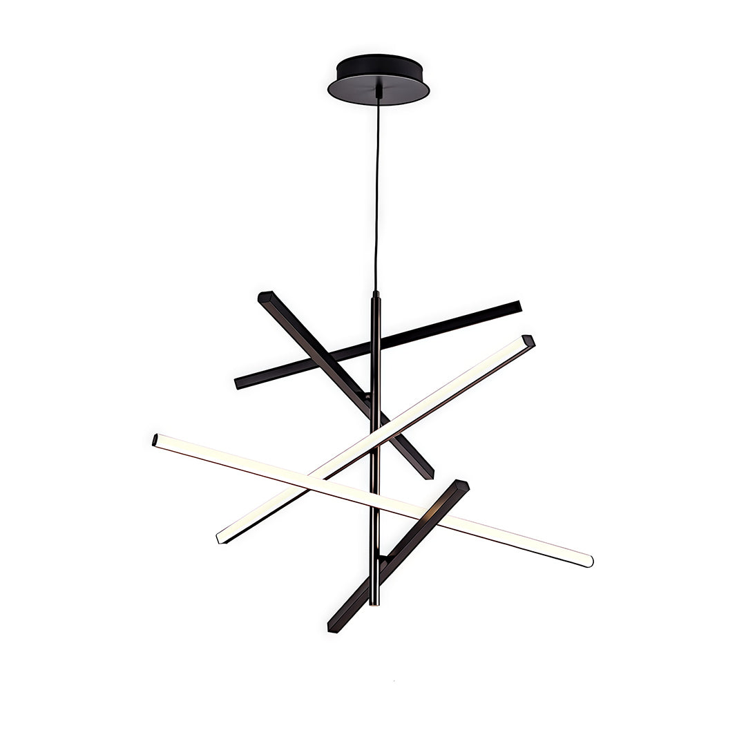 Modern iron linear chandelier featuring intersecting black arms with continuous LED lighting elements.