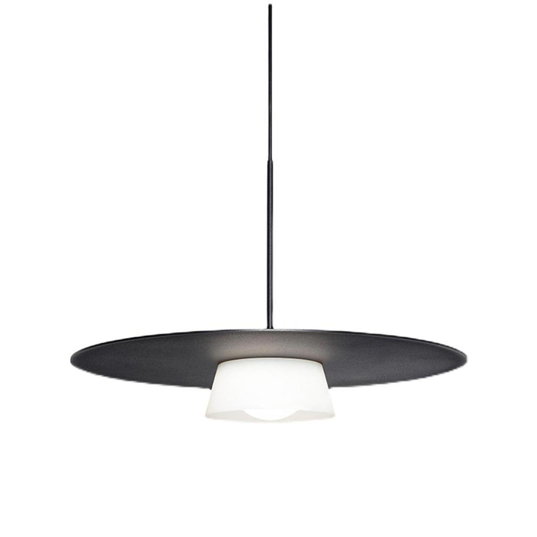 Modern island pendant light fixtures featuring black disc shade with white glass globe accent