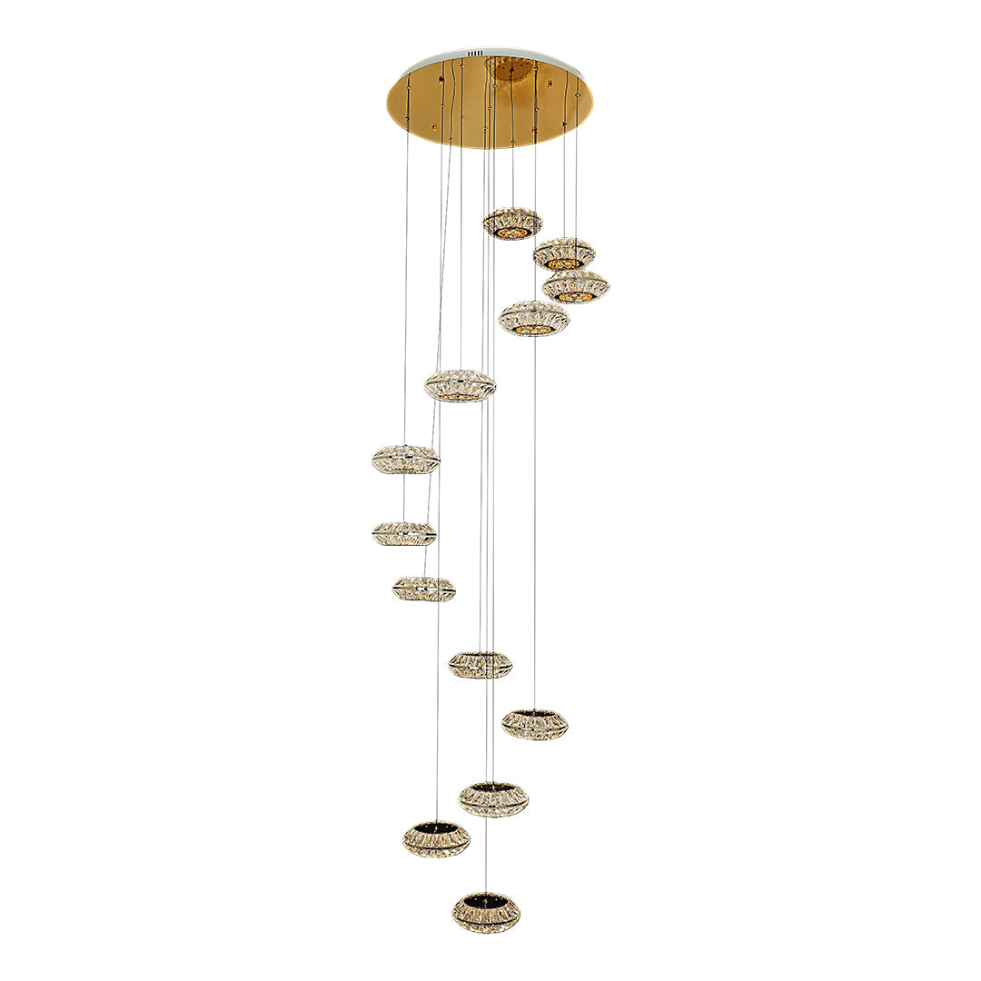 Modern Italian style chandelier with gold discs, perfect for contemporary interiors.