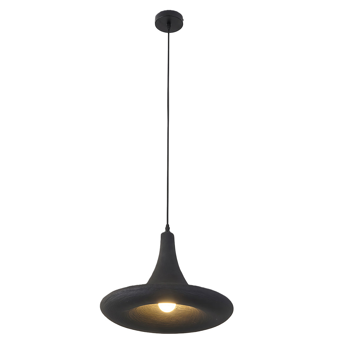 Modern Japanese pendant light fixtures with glass shade chandelier aesthetic in larger black hammered metal wide cone design.