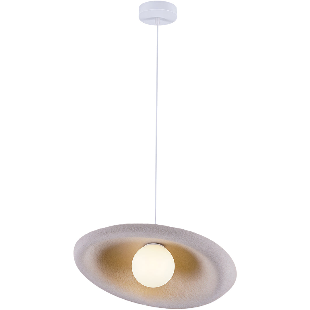 Modern Japanese pendant lights with glass shade chandelier aesthetic in larger white hammered metal disc with warm central light.