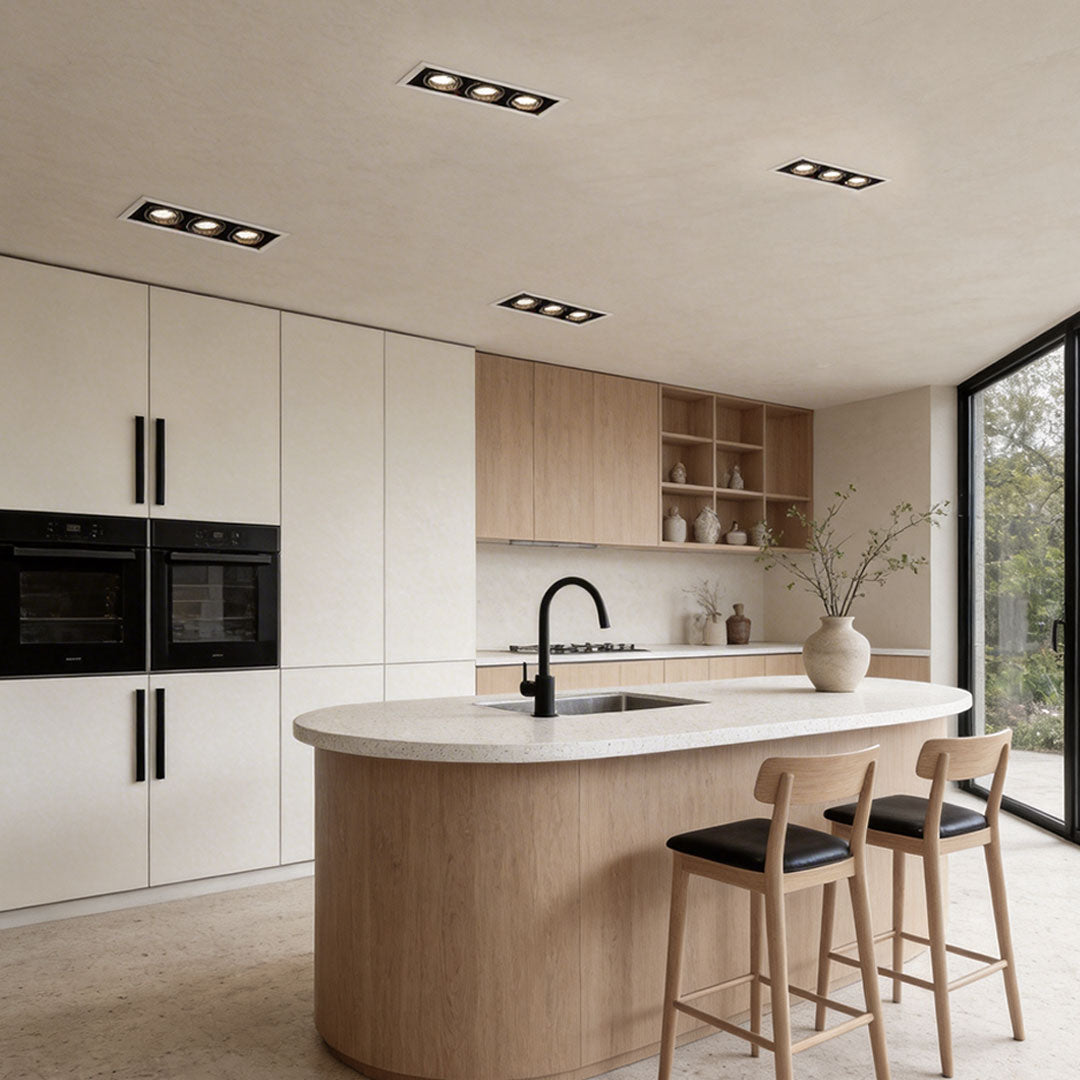 Modern kitchen interior with minimalist design and led spotlight indoor illuminating countertops.
