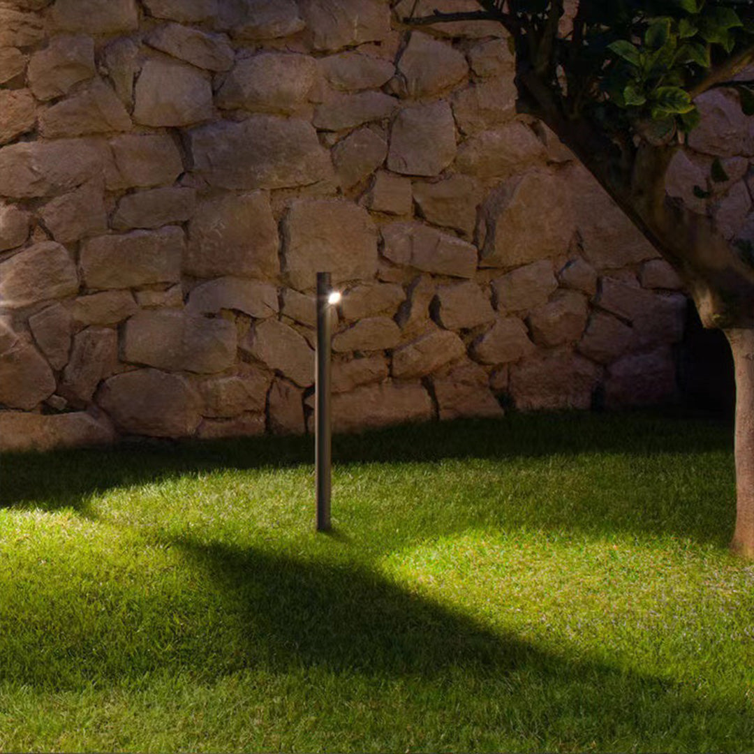 Contemporary LED path light enhancing modern landscape design with decorative grasses and stone features