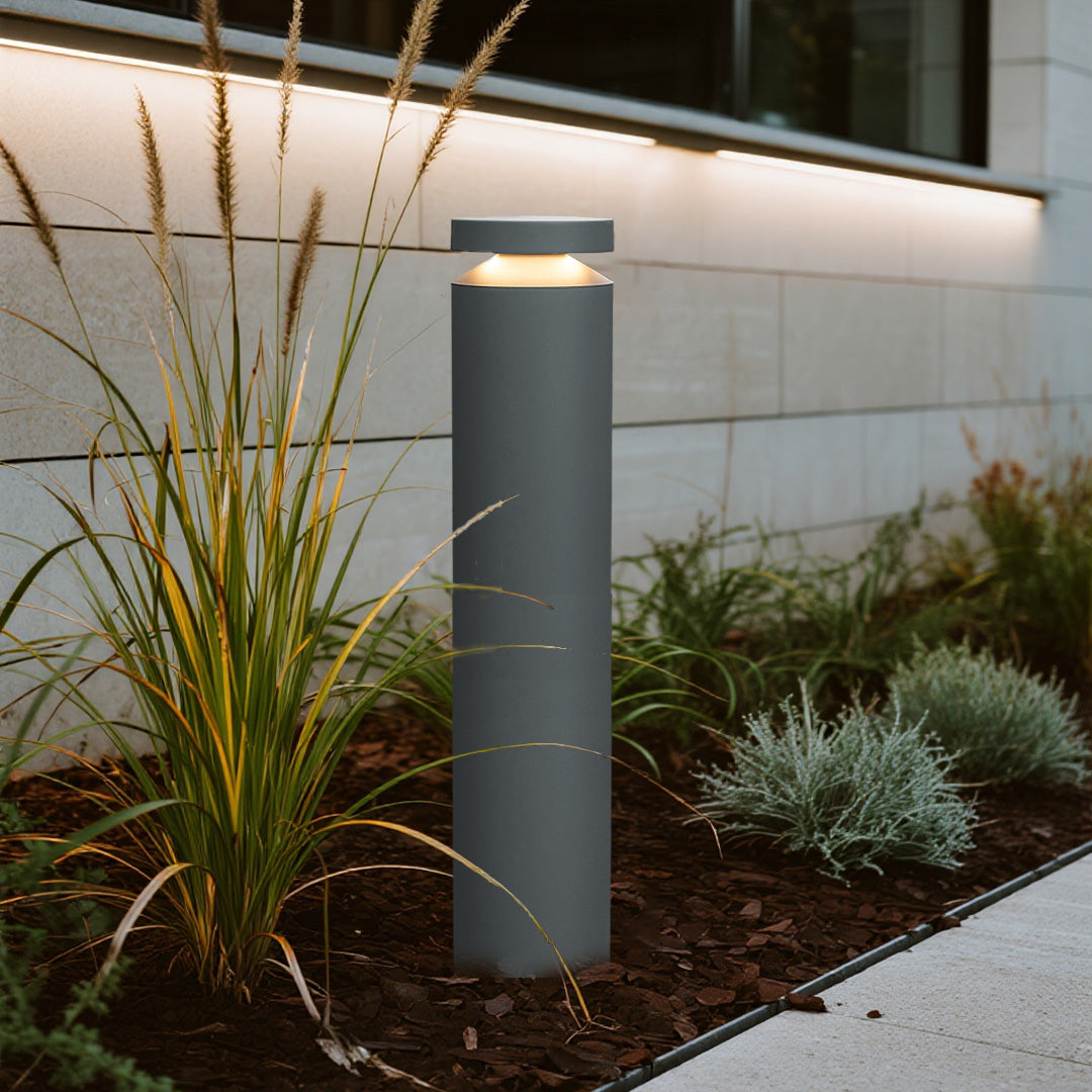 Pathway LED light enhancing modern landscape design with ornamental grasses and clean architectural lines
