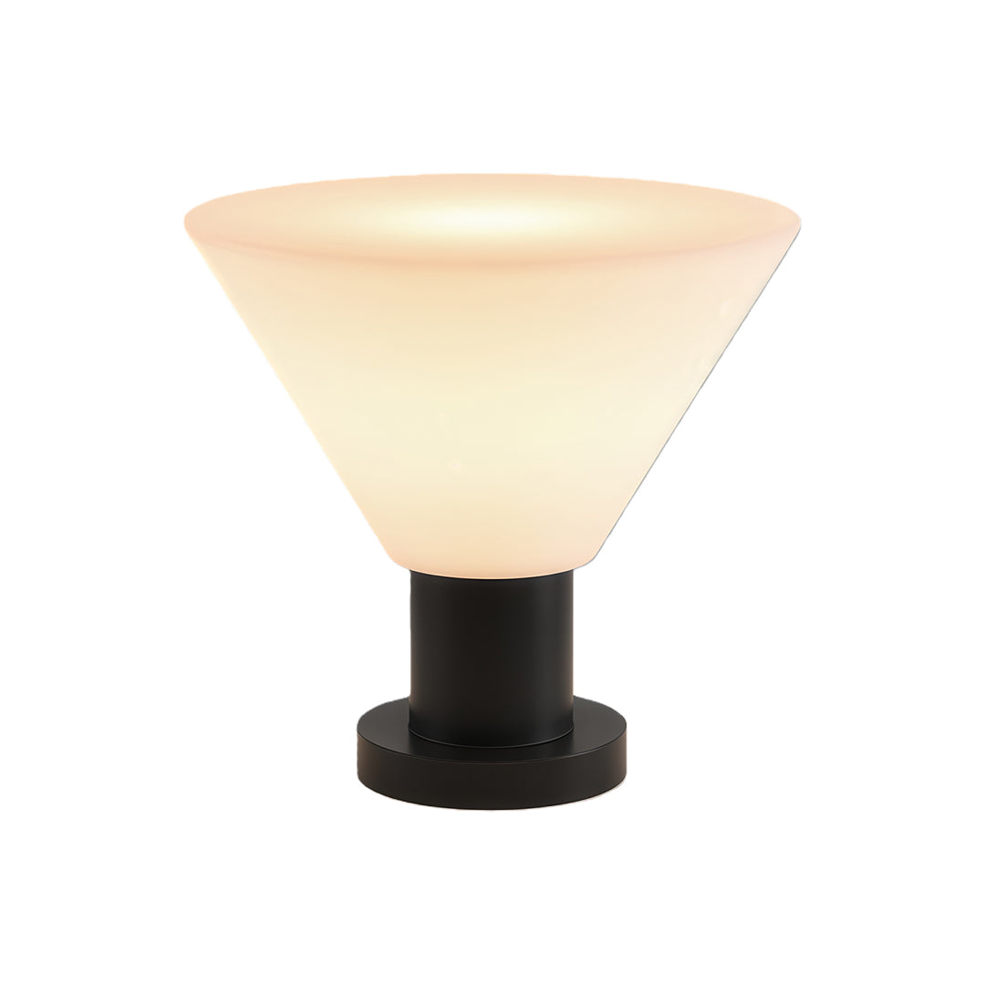 Modern landscape pillar lighting featuring glass shade chandelier aesthetic in inverted cone shape with warm LED illumination.