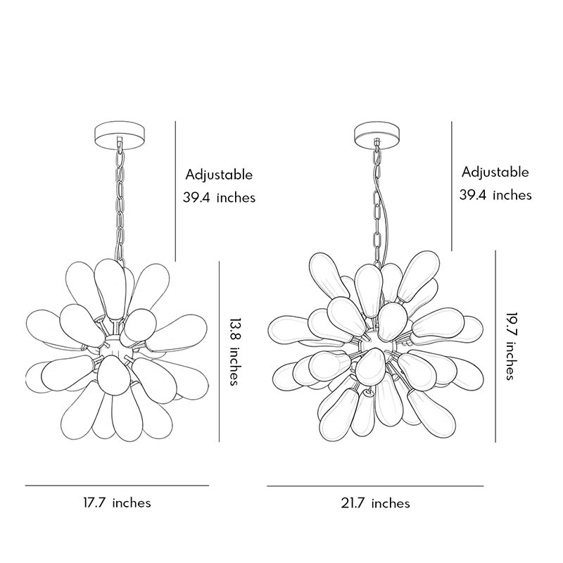 Dimension diagram of modern large chandelier showing adjustable height and overall width measurements.