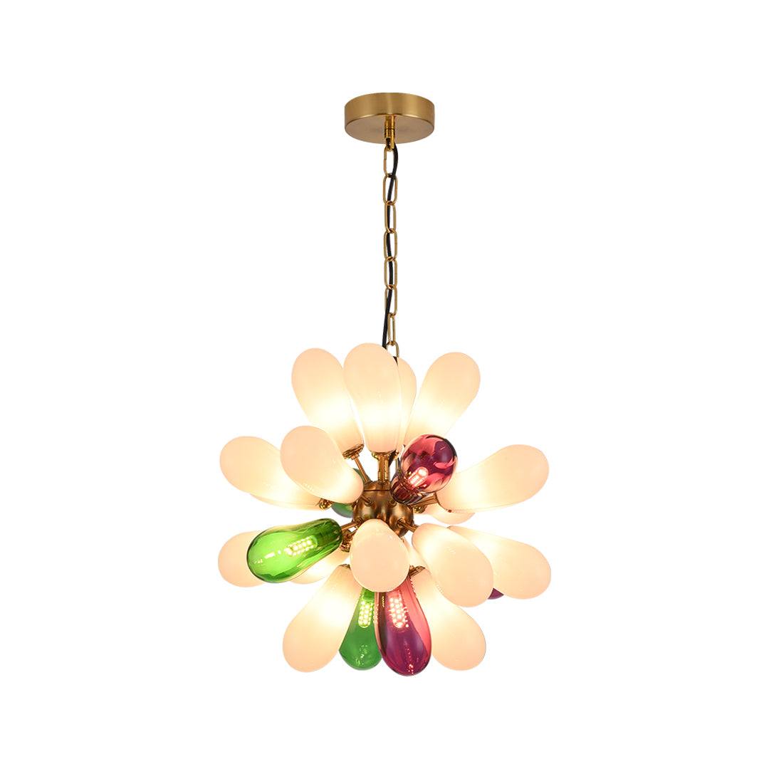 Product image of modern large chandelier with multiple colored glass bulbs on a white background.