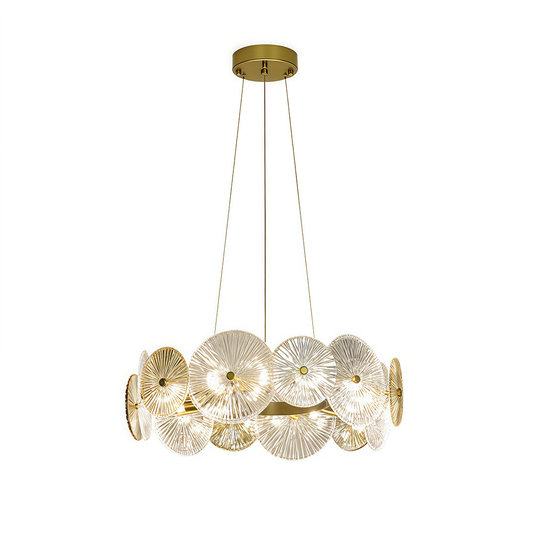 Modern large glass chandelier with gold accents, elegant and luxurious multi-tiered lighting fixture