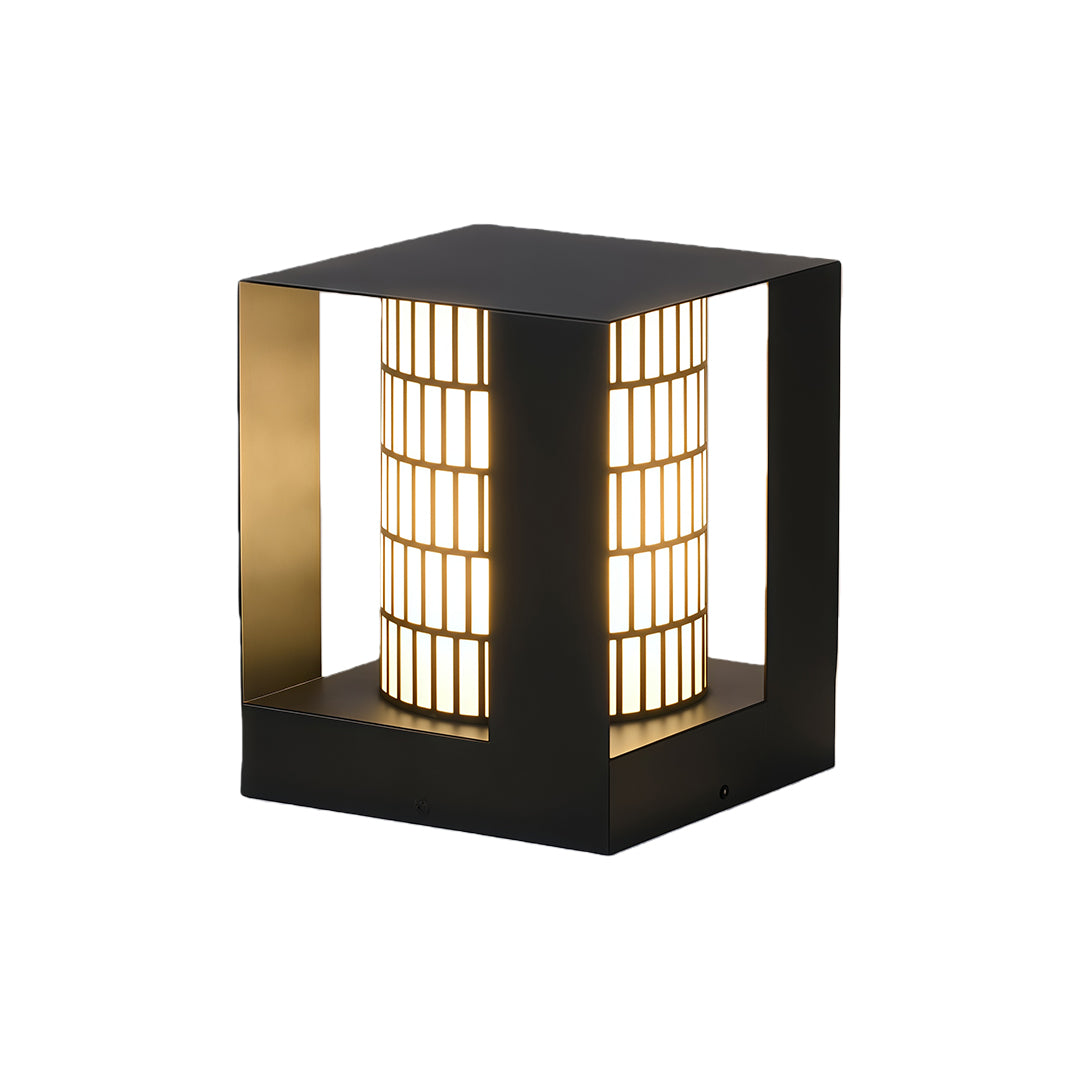 Outdoor LED bollard landscape light featuring a square grid design and soft warm lighting for elegant pathways.