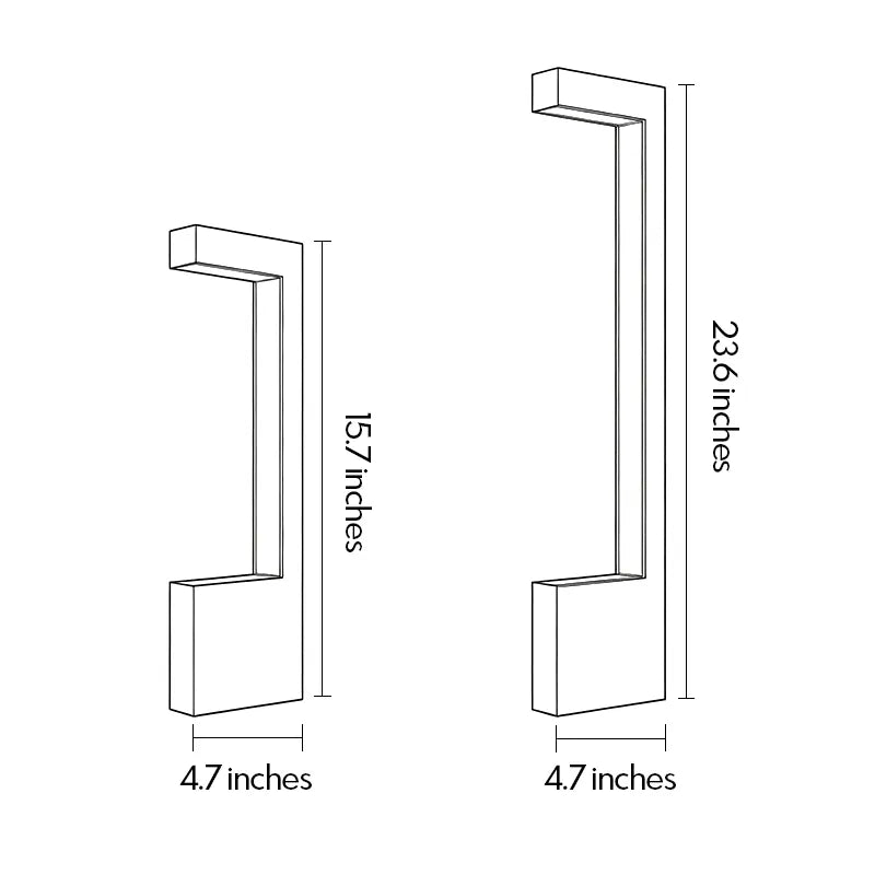 Modern LED bollard light size guide showing two heights and 4 point 7 inch width