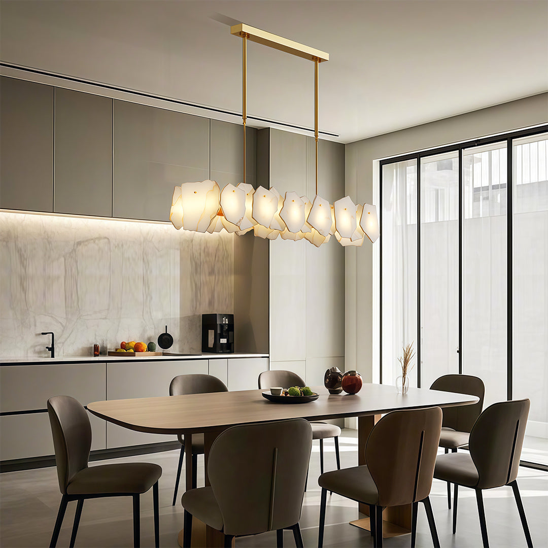 Luxury modern LED chandelier enhancing contemporary dining room with architectural ceiling detail.