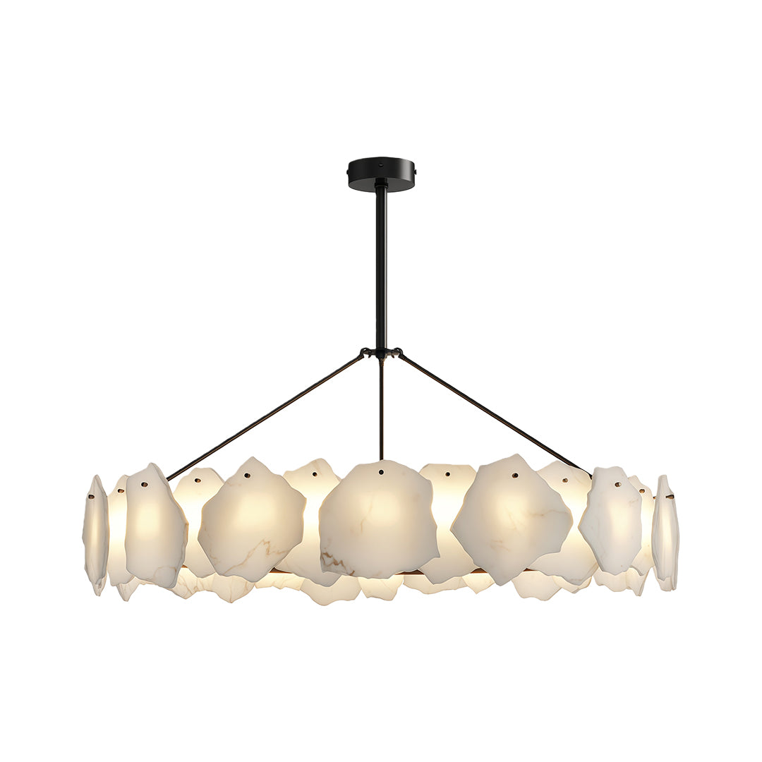 Luxury modern LED chandelier lighting bright dining area with black-framed windows and natural light.