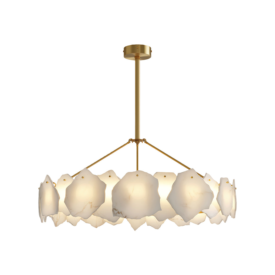 Modern LED chandelier close up showcasing brass hardware and geometric glass detail design.