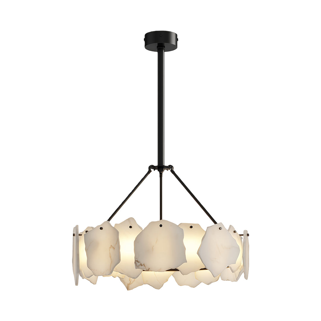 Luxury modern LED chandelier lighting contemporary dining area with round table and vertical wall panels.