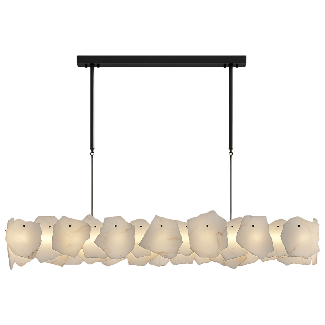 Modern LED chandelier creating dramatic effect in contemporary dining space with dark accents.