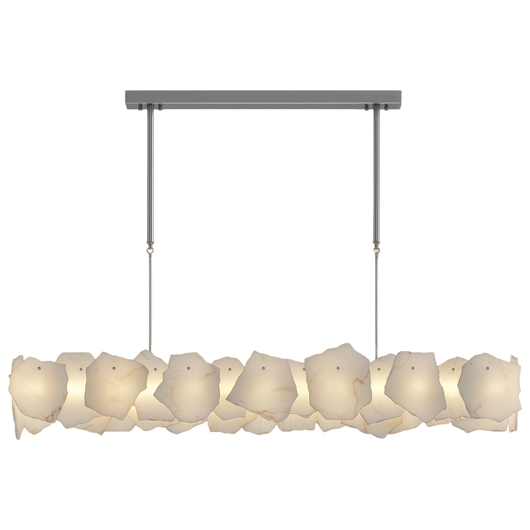 Luxury modern LED chandelier above elegant dining table with curved chairs and art deco styling.