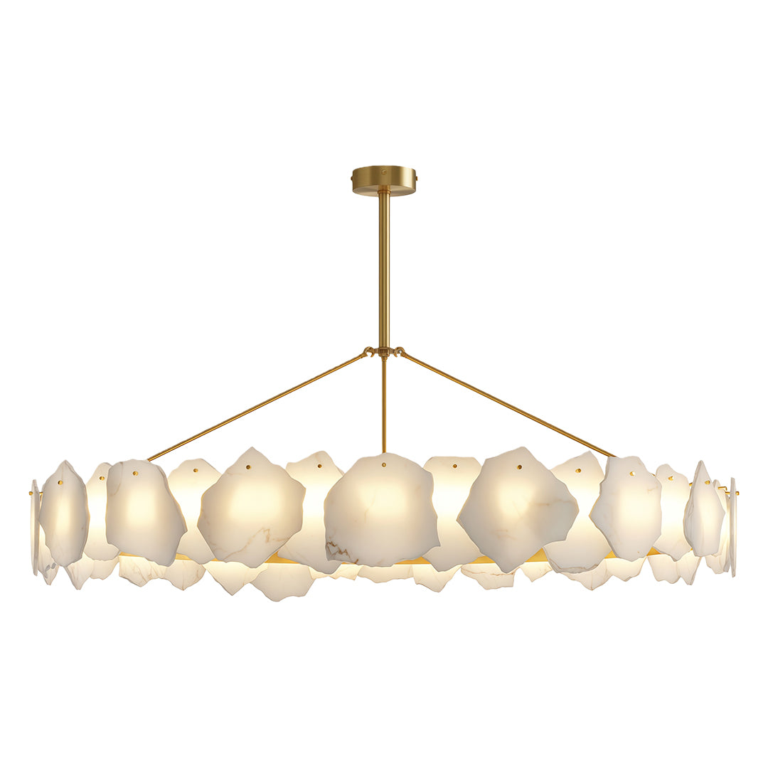 Modern LED chandelier above elegant dining table in industrial-modern space with exposed ceiling.