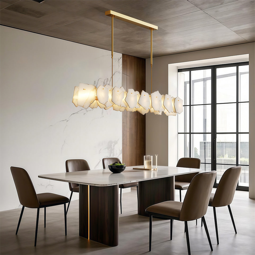 Modern LED chandelier lighting minimalist dining area with clean lines and neutral color scheme.