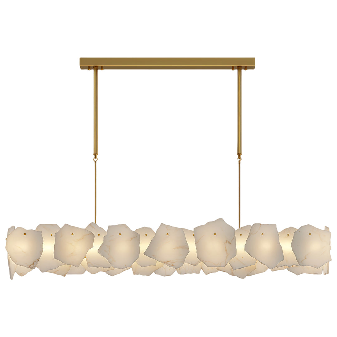 Modern LED chandelier lighting minimalist dining room with concrete walls and designer furniture.