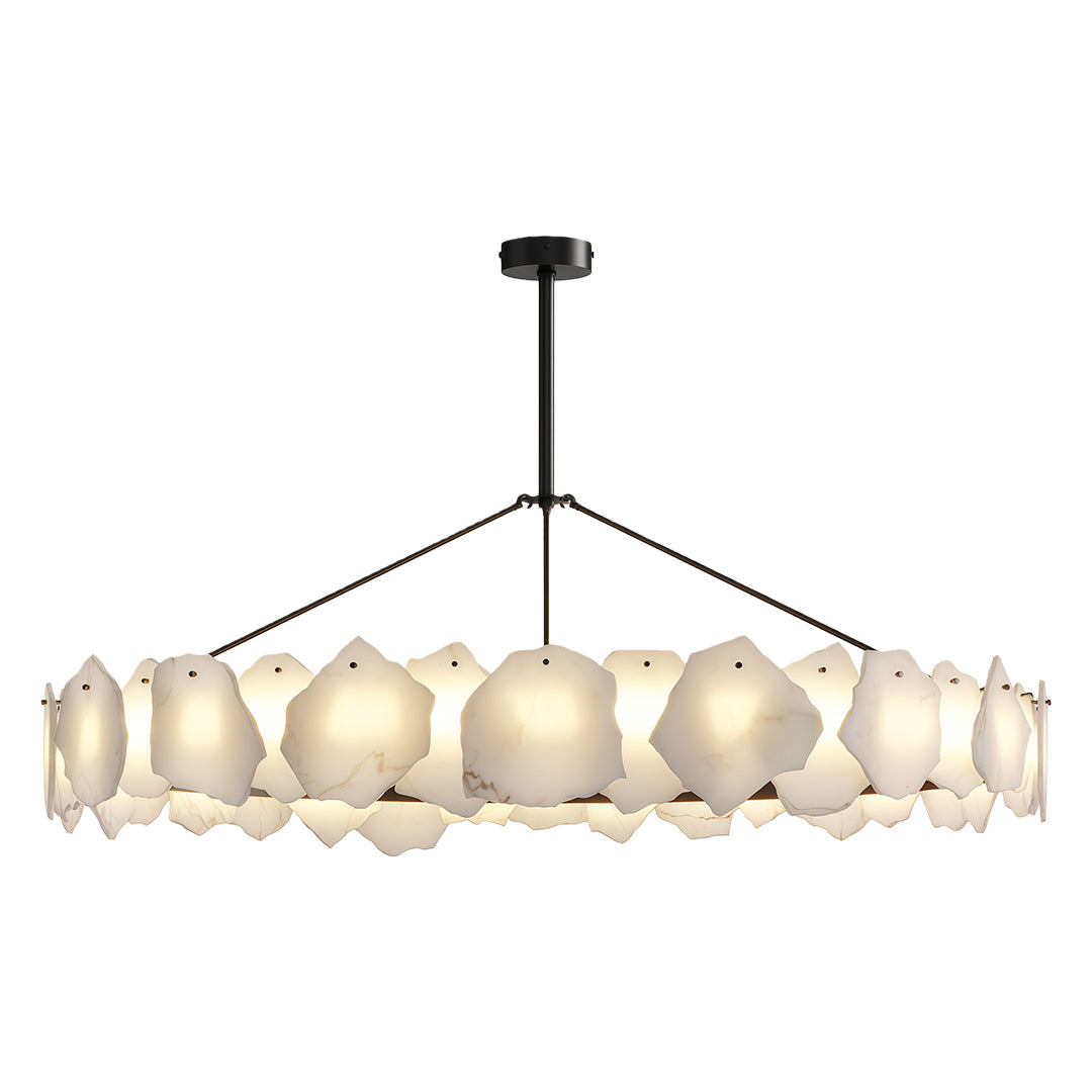 Modern LED chandelier illuminating open-concept kitchen dining with marble countertops and white cabinetry.