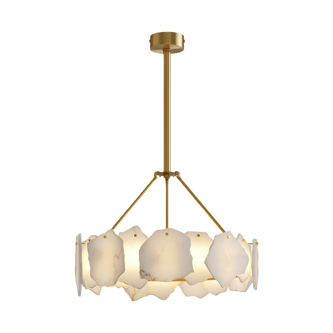 Luxury modern LED chandelier illuminating sophisticated dining room with velvet chairs and dramatic artwork.