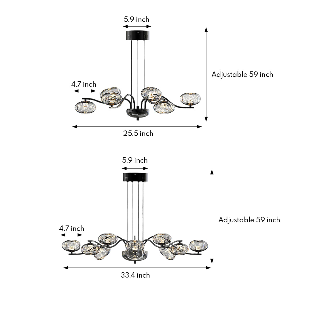 Technical specification diagram of modern LED chandelier showing detailed measurements and multi-bulb assembly instructions