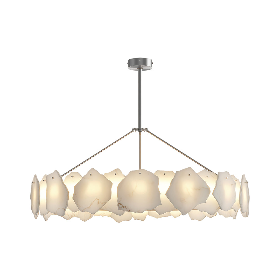 Modern LED chandelier enhancing contemporary dining room with vertical upholstered wall panels.