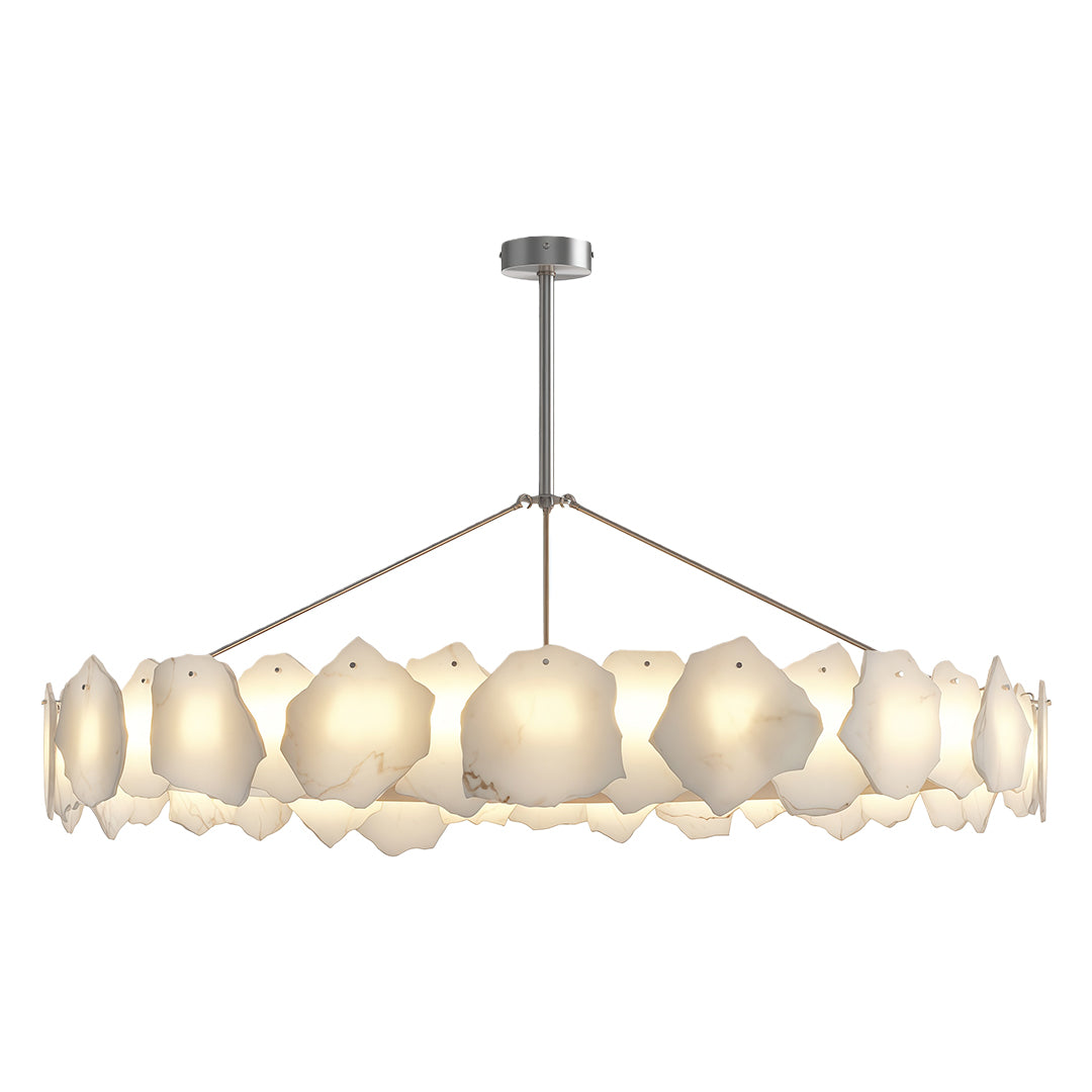 Luxury modern LED chandelier creating warm ambiance in sophisticated dining room with round table.