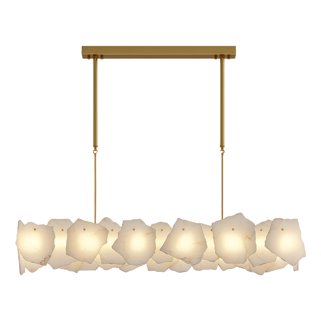 Luxury modern LED chandelier enhancing contemporary dining space with wood slat accent wall.