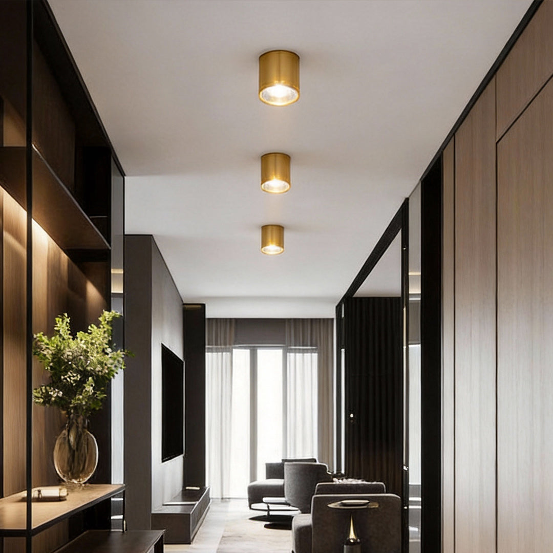 Modern LED downlights lighting a minimalist hallway interior.