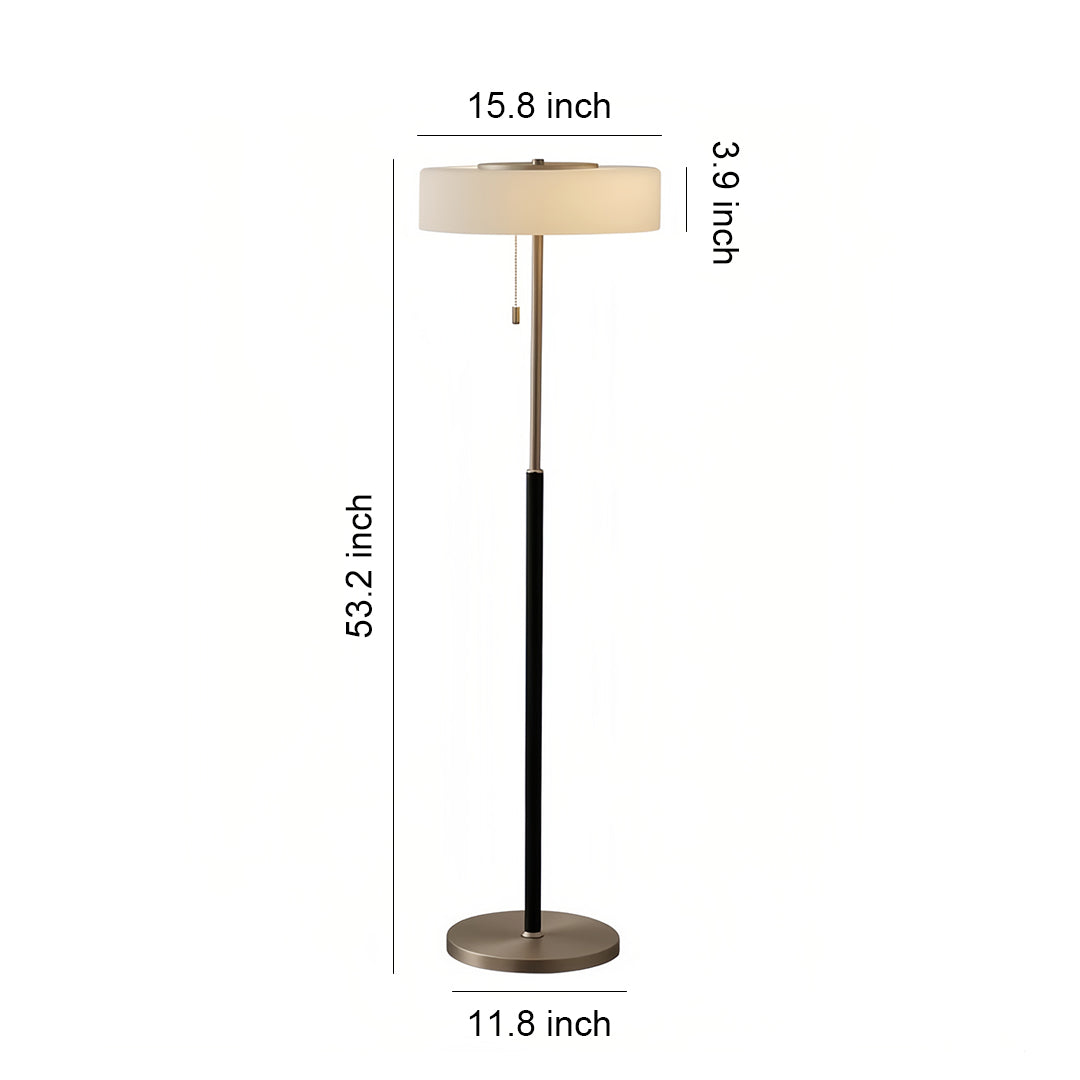 Modern LED floor lamp with cream shade and black pole showing technical dimensions