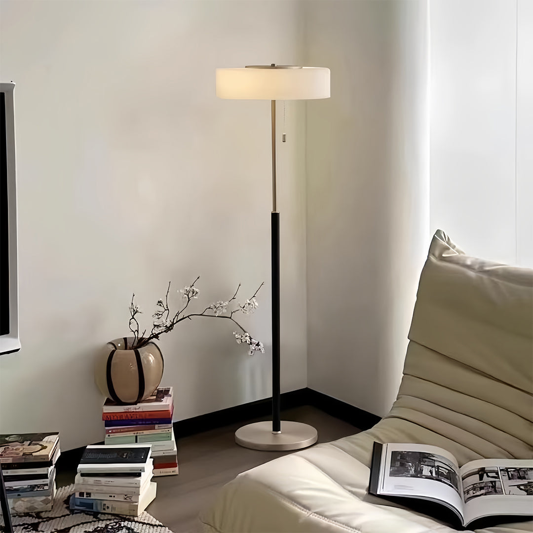 Modern LED floor lamp creating focused lighting in minimalist living space
