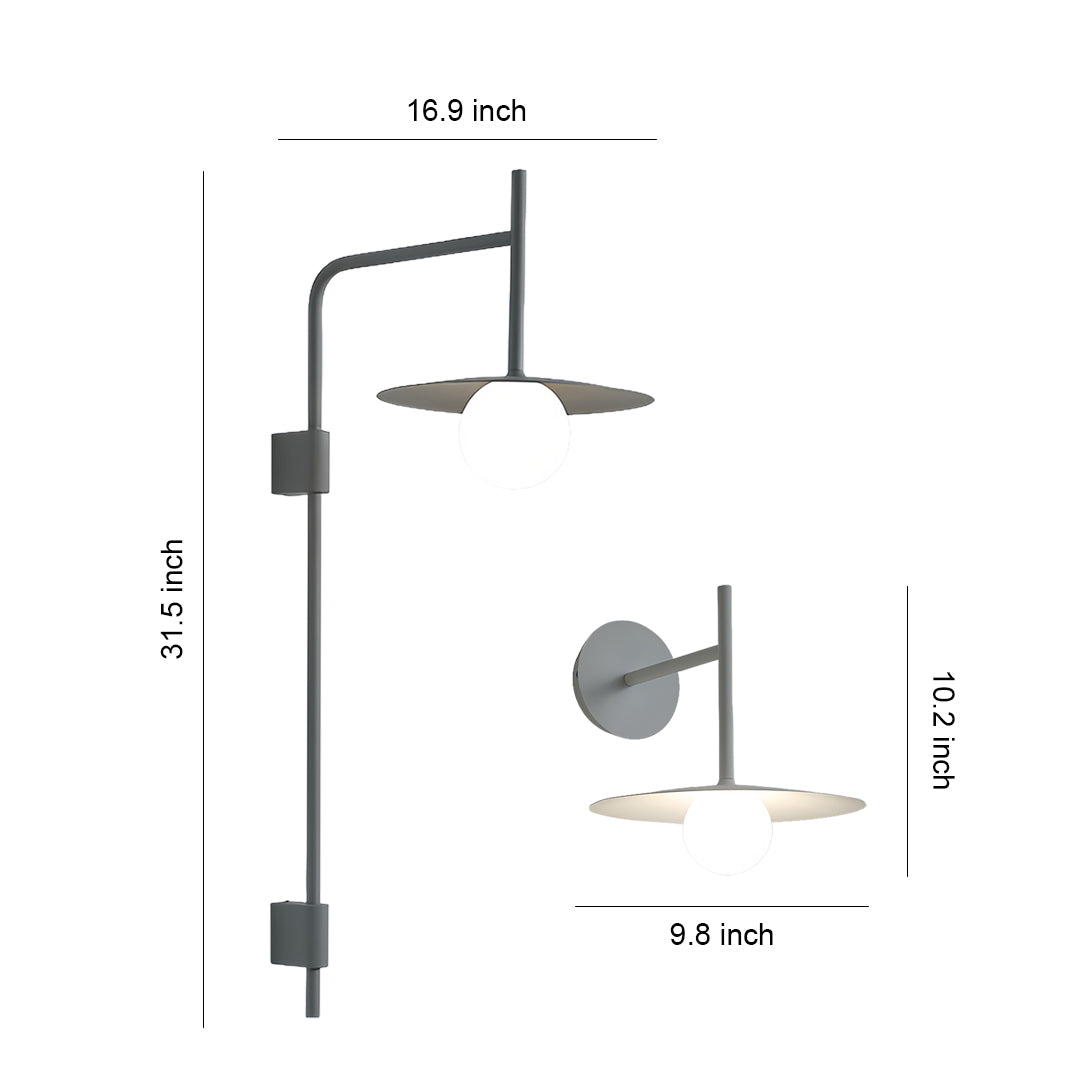 Modern LED light wall lamp with adjustable arm and circular shade for contemporary bedside reading lighting