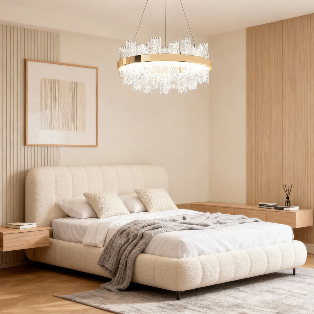 Modern led lighting chandelier illuminating bedroom with wood panel walls and neutral upholstered bed creating warm ambiance